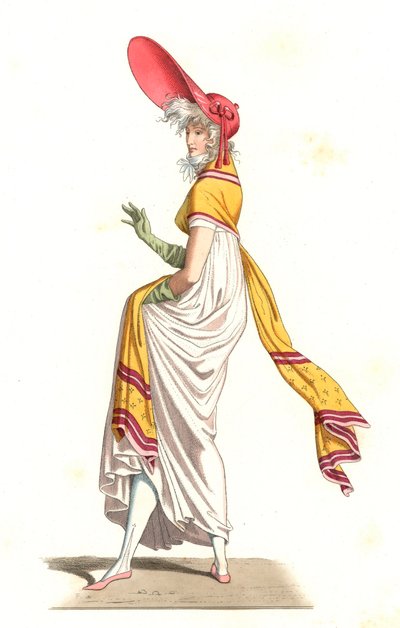 Fiatal francia nő a 18. századi csodák divatja szerint öltözve, Carle Vernet (1758-1836) festménye nyomán – Litográfia Edmond Lechevallier-Chevignard (1825-1902) illusztrációja után, a „Costumes historiques des 16th” c. alkotó: Edmond Lechevallier Chevignard