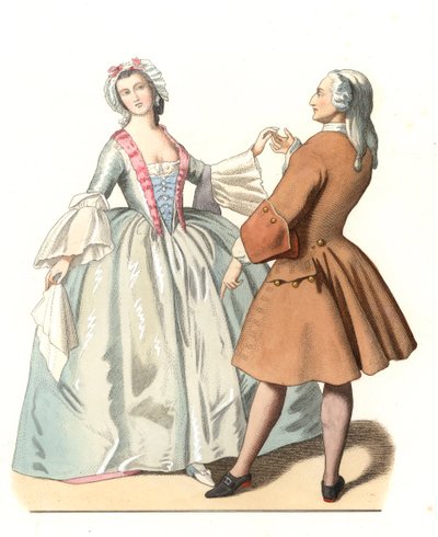 Táncmester és egy fiatal velencei, tánclecon Olaszországban, 18. század, Pietro Longhi (1701-1785) festménye alapján - Litográfia Edmond Lechevallier-Chevignard (1825-1902) illusztrációja alapján, kivonat „” Történelmi jelmezekből a 16 alkotó: Edmond Lechevallier Chevignard