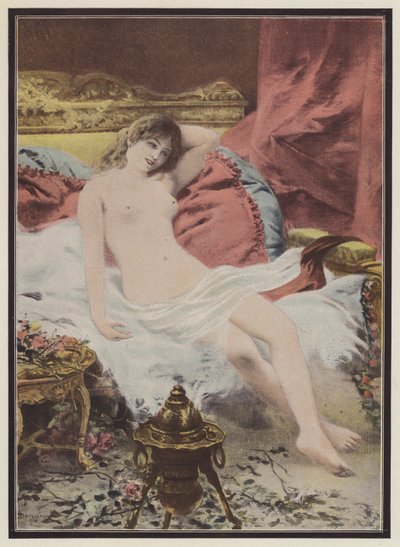 Delérium, nő ül a kanapén (színes litó) alkotó: Edmond Louis Dupain
