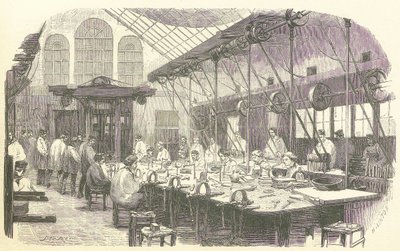 Ezüstkovácsok dolgoznak a párizsi Christophle evőeszközgyárban, pub. 1875 (metszet) alkotó: Edmond Morin