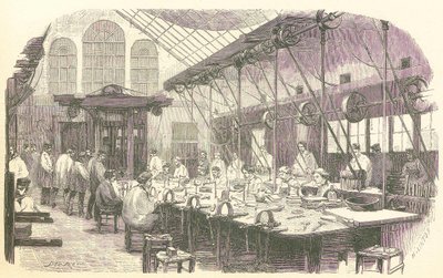 Ezüstkovácsok dolgoznak a párizsi Christophle evőeszközgyárban, pub. 1875. alkotó: Edmond Morin