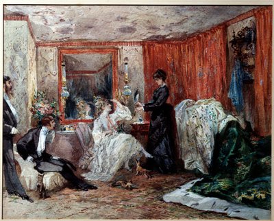 A színházi komikus, Hortense Schneider (1833-1920), Jacques Offenbach (1819-1890) szeretője a bal oldalon képviselteti magát a Theater des varetes öltözőjében. Edmond Morin (1824-1882) akvarellje 1873 Compiegne, Vármúzeum alkotó: Edmond Morin