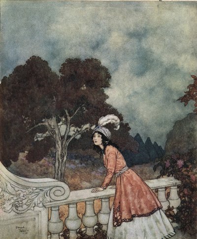 Kék szakáll: 1910 körül (litográfia): Kékszakállú fiatal felesége, Fatima, megkérdezi nővérét, Anne-t, hogy látja-e a toronyból a testvéreit, 1910 körül (litográfia). alkotó: Edmund Dulac