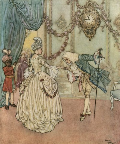 Hamupipőke: 1910 körül (litográfia): A fiatal Hamupipőke a keresztanyjának köszönhetően eljutott a bálba, ahol találkozik a herceggel, aki kezet csókol neki. alkotó: Edmund Dulac