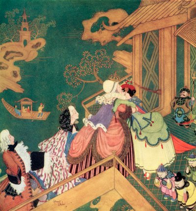 "Laideronnette megcsókolta és átölelte a jó Tündér Védőasszonyt", illusztrációA Zöld kígyó című francia meséből, Edmund Dulac Tündérkönyvéből: Fairy Tales of the Allied Nations, kiadó: 1916. alkotó: Edmund Dulac