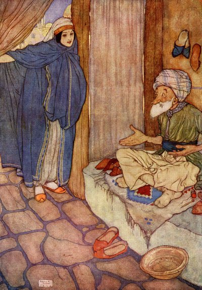 Musztafa sokat kételkedett abban, hogy képes tartózkodni a kérdésektől, illusztráció az "Ali Baba és a negyven tolvaj" című könyvből. alkotó: Edmund Dulac