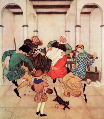 "A szerzetes, aki a cölöphöz volt kötözve, vergődött és vonaglott, világosan megmutatva, hogy ha tudna, megtenné lábával", illusztráció a The Friar and the Boy című angol meséből, Edmund Dulac Fairy-Book című művéből: Fairy Tales of the Allied Nations, kia alkotó: Edmund Dulac