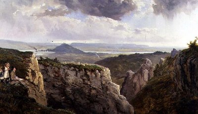 Az Elbor-sziklák Glastonbury felé nézve, E.J. Niemann művészével, A.F. de Prades festménye. alkotó: Edmund John Niemann