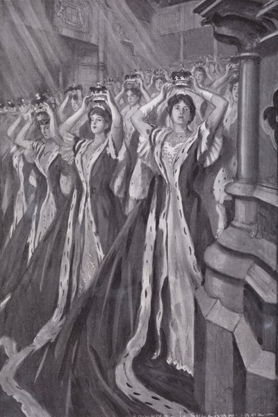 Koronétákat felhúzó koronásnők Alexandra királynő, VII. Edward király hitvese koronázásán, a Westminster Abbey, London alkotó: Edmund Joseph (after) Sullivan