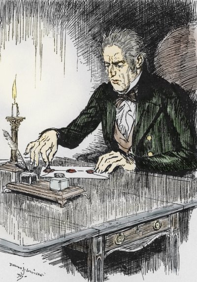 Dr. jekyll zárja a levelet, amelyben bevallja, hogy Mr. Hyde a gyilkos. Illusztráció: Edmund Joseph Sullivan (1869-1933) a L