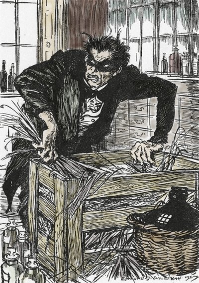 Dr. Jekyll kétségbeesetten keresi a porokat, amelyek lehetővé teszik számára, hogy megzavarja Mr. Hyde karakterét, Illusztráció: Edmund Joseph Sullivan (1869-1933) a L