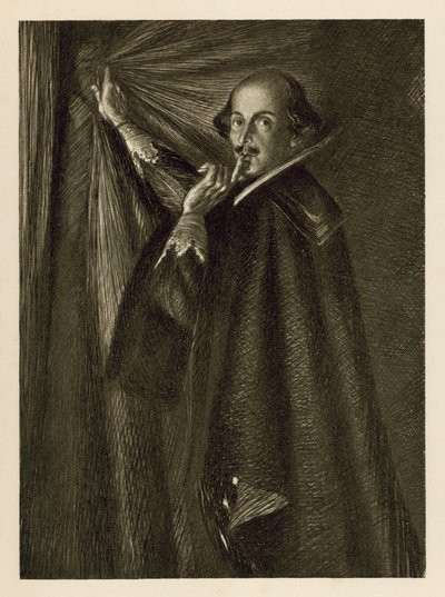 William Shakespeare tartja a függönyt, és azt mondja, hogy maradjunk csendben (litho) alkotó: Edmund Joseph Sullivan