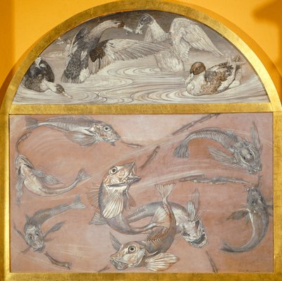 Diptichon halakkal és kacsákkal a tóban (tempera a kártyán,) alkotó: Edoardo Gioja