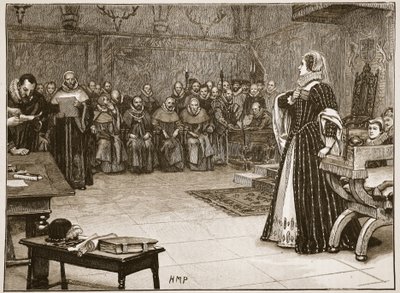 Mária skót királynő per a Fotheringhay kastélyban, illusztráció a „Cassell illusztrált angliai történelméből” (szépia fotó) alkotó: Edouard Berveiller