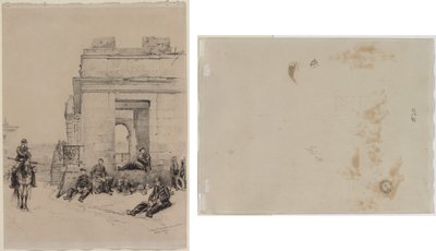 Pihenő katonák (recto) Egy felemelt karú férfi vázlata és egy sisak vázlata (verso) alkotó: Edouard Detaille