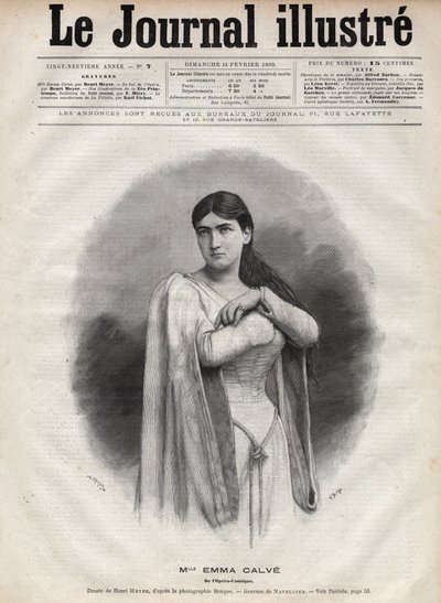 Emma Calve portréja (Rosa Noemie Emma Calvet de Roquet) (1858-1942), francia szoprán – Navellier metszete az 1892-es „The Illustrous Journal”-ban alkotó: Edouard Felicien Eugene Navellier