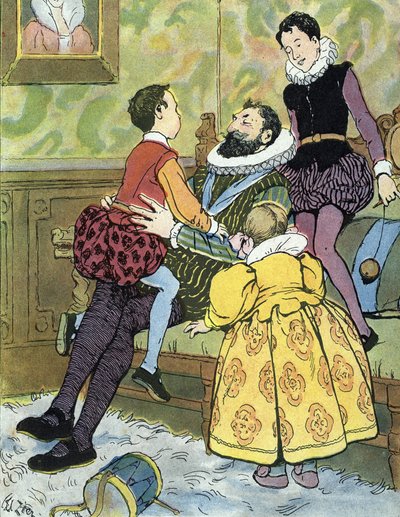 IV. Henrik francia király gyermekeivel játszik (1553-1610) Edouard Zier illusztrációja a „Nos-Gloriers-Nationales” című könyvben, 1920-as gyűjteményi díj alkotó: Edouard Francois Zier