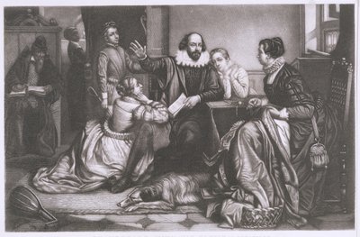 Shakespeare családjával, Stratfordban, a Tragédia Hamlet szavalása (pecsenyemetszet és rézkarc) alkotó: Edouard Jean Conrad Hamman