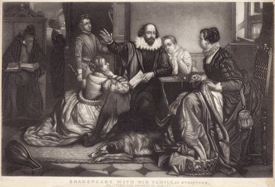 Shakespeare a családjával Stratford on Avonban, amint Hamlet tragédiáját szavalja alkotó: Edouard Jean Conrad Hamman