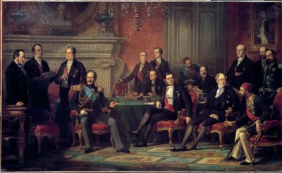 Az 1856. február 25-től március 30-ig tartó párizsi kongresszus a krími háború végén találkozott III. Napóleon és az európai államok külügyminisztereivel. Edouard Louis Dubufe (1820-1883) festménye. 1856 V. 3,08 x 5,10 m alkotó: Edouard Louis Dubufe
