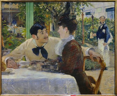 Lathuille atya. A szabadban Egy pár iszik egy pohár pezsgőt egy szabadtéri étterem teraszán a Place de Clichy közelében Párizsban (Montmartre). Edouard Manet (1832-1883) festménye 1879 Tournai. Szépművészeti Múzeum alkotó: Édouard Manet