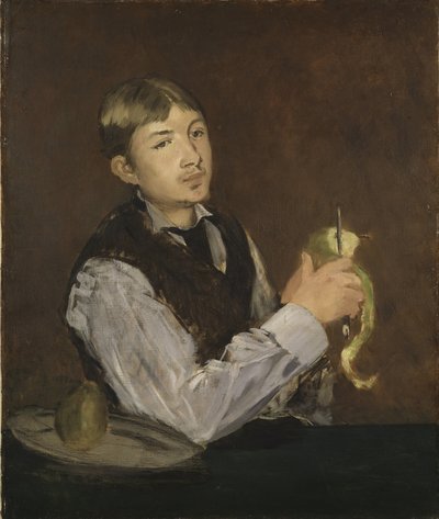 Almát hámozó fiatalember – Fiatal fiú körtét hámozó, szerző: Manet, Edouard (1832-1883). Olajfestmény. Mérete: 85x71 cm. Nemzeti Múzeum Stockholm alkotó: Édouard Manet