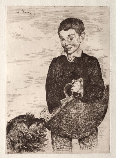 A gyerek a kutyával, a bevásárlótáskával. alkotó: Édouard Manet