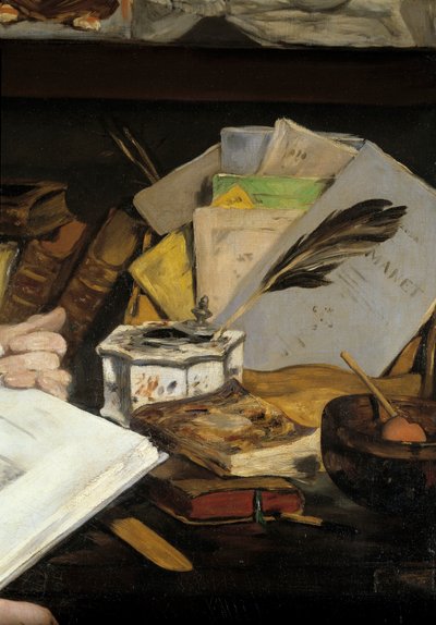 Emile Zola portréja, részlet. Tintatartó tollal és könyvekkel, beleértve a „Manet”-et is. Edouard Manet (1832-1883) festménye 1868 Párizs, Musee d