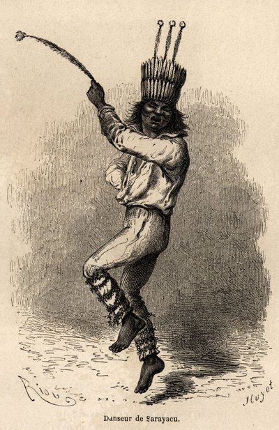 Egy táncos Sarayacuban (Peru), Riou rajza, Paul Marcoy 1848-tól 1860-ig tartó utazásának illusztrálására a Csendes-óceántól az Atlanti-óceánig. Metszet a „Le tour du monde” című könyvben, szerkesztette Edouard Charton alkotó: Edouard Riou