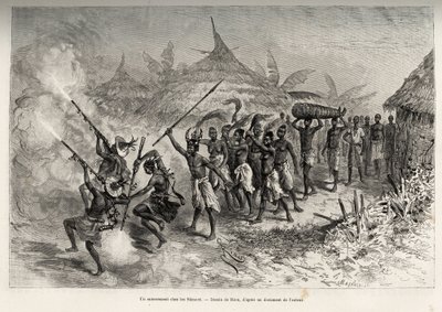 Temetés a Siene-re-ben (Siene Re), Fourouban (Mali), a funebre cortége átszeli a falut, az elhunyt családjának fegyveres férfiai vezetésével, követik a tehénfarkú nőket és az elhunyt holttestét, megkötözve. egy szőnyeg. Riou metszete, illusztr alkotó: Edouard Riou