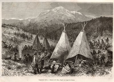 Egy indián tábor Utah területén, a Riviere Verte partján. Metszet E.Riou rajza után, William Hepworth Dixon La conquete blanche című történetének illusztrálására, 1875-ben, megjelent a „Le tour du monde”” 1876-ban, szerkesztette Edouard Charto alkotó: Edouard Riou