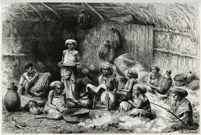 Egy délután a Gobronok sejkjének kedvencénél, női foglalkozások: hímzés és gyapjúfonás, fonás és fazekasság. Riou metszete a „Voyage chez les Benadir, les somalis et les Bayoun” történet illusztrálására, 1882-1883, Georges Rev. alkotó: Edouard Riou