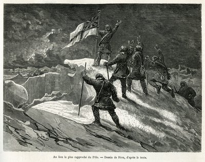George Strong Nares kapitány (1831-1915) kitűzte a brit zászlót a rúdhoz legközelebb eső helyre, Riou rajzával, hogy illusztrálja G.S.Nares kapitány 1875-1876-os sarki tengeri utazásának történetét. Gravírozás a Le tour du monde-ban alkotó: Edouard Riou