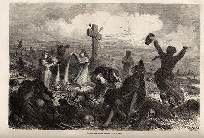 A halottak ünnepének megünneplése Cuzcóban, Riou rajza, Paul Marcoy 1848-tól 1860-ig tartó dél-amerikai utazásának illusztrálására. Metszet a „Le tour du monde”-ban, szerkesztette Edouard Charton alkotó: Edouard Riou