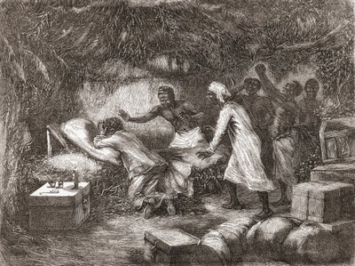 Dr. Livingstone halála Tchitammbo faluban, Afrikában, 1873-ban, illusztráció a "The World in the Hands", 1878-ban megjelent alkotó: Edouard Riou