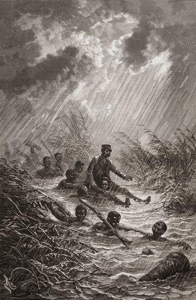 Dr. David Livingstone-t hordárok vitték át a mocsáron 1872-es afrikai expedíciója során. Illusztráció a "The World in the Hands"-ből, Charles Laplante metszetében alkotó: Edouard Riou