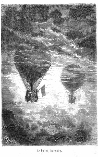 Rajz Jules Verne „Five week en Ballon” Hetzel/Extraordinary Travels című gyűjteményének rajza. A Victoria Balloon találkozik egy másik léggömbbel a felhőkben alkotó: Edouard Riou