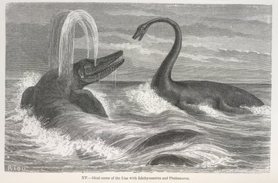 "Az Ichthyosaurus és a Plesiosaurus lias ideális jelenete" alkotó: Edouard Riou