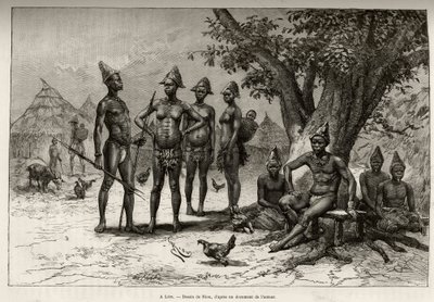 Lerában (vagy Derában, Nigerben) a Mandes típusai. Riou metszete Louis Gustave Binger kapitány (1856-1936) „"Nigertől a Guineai-öbölig" című történetének illusztrálására, 1887-1889-ben a Le tour du monde-ban, az új folyóiratban des voyages, irányítása alat alkotó: Edouard Riou