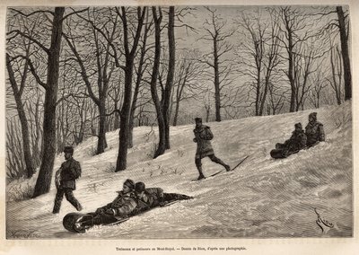 Luges et skaters au platau du Mont-Royal, Montreal közelében, metszet Riou rajza után, amely a kanadai és a Riviere Rouge du nord kirándulást illusztrálja, H. De Lamotte 1873-ban, megjelent a „Le tour du monde”-ban. ”” 1875, szerkesztette Edouard Charton, alkotó: Edouard Riou