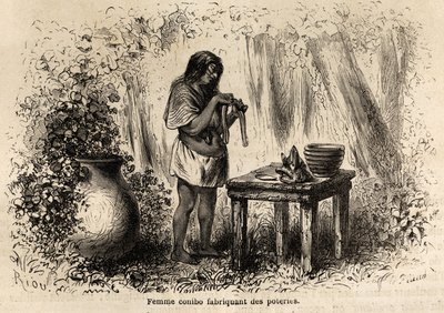 Egy perui conibo indián kerámia gyártása, Riou rajza P. Marcoy 1848-tól 1860-ig tartó utazásának illusztrálására a Csendes-óceántól az Atlanti-óceánig. Gravírozás a „Le tour du monde”-ban, szerkesztette Edouard Charton alkotó: Edouard Riou
