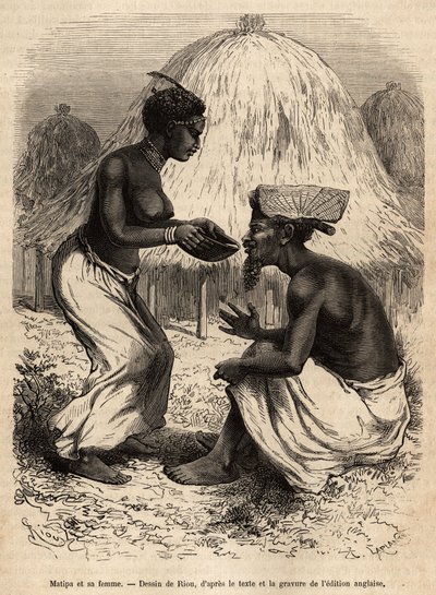 Matipát, egy bennszülött embert, aki kenukkal látta el Livingstone csapatát, felesége italozással szolgálta fel Riou rajza alapján, amely David Livingstone utolsó naplóját (1813-1873) illusztrálja, 1866-1873-ban, és megjelent a „” Le tour du monde” ”” 1875 alkotó: Edouard Riou