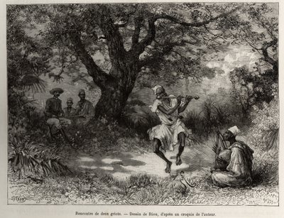 Találkozz két griot, Binger kapitány az árnyékban ülve élvezi a műsort. Riou metszete Louis Gustave Binger kapitány (1856-1936) „"Nigertől a Guineai-öbölig" című történetének illusztrálására, 1887-1889-ben a Le tour du monde-ban, a des voy új folyóiratában alkotó: Edouard Riou