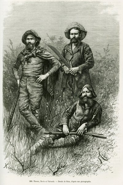 Az expedíció tagjai: Thouar úr (hosszabbítás), Novis úr (balra áll) és Valverde úr (jobbra áll). Riou metszete a Voyage dans le Chaco Boreal című történet illusztrálására alkotó: Edouard Riou
