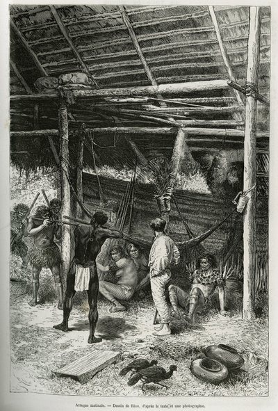 Reggeli támadás a felfedező kunyhója ellen indiánok részéről az Amazonas partjáról. Riou metszete Cayenne aux Andes történetének illusztrálására Jules Crevaux, a francia haditengerészet doktora 1878-1879-ben, a Tour du monde-ban jelent meg, irányítása alat alkotó: Edouard Riou