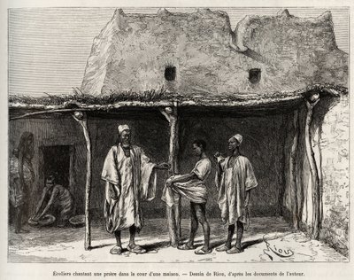 A kong (Niger) országban gyakorolt muszlim iskolások egy ház udvarán imát énekelnek, az iskolások egy marék caurist kapnak, amit átadnak tanáruknak, és ami egyfajta közoktatási adónak felel meg. alkotó: Edouard Riou