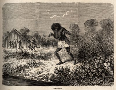Pánik a Conibos indiánok között, akik elmenekültek Paul Marcoy expedíciójának Tumbaya (Peru) közelébe érkezésekor, aki maga is áldozata volt egy régi indián gonosz varázslatának, Riou rajzával illusztrálja P 1848-tól 1860-ig tartó utazását. Marcoy, a th alkotó: Edouard Riou