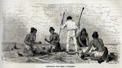 Paul Marcoy Sarayacu (Peru) özvegyeivel tanult meg szőnyeget készíteni, Riou rajza, hogy illusztrálja Paul Marcoy 1848-tól 1860-ig tartó utazását a Csendes-óceántól az Atlanti-óceánig. Metszet a „Le tour du monde”-ban, szerkesztve. írta: Edouard Charton alkotó: Edouard Riou
