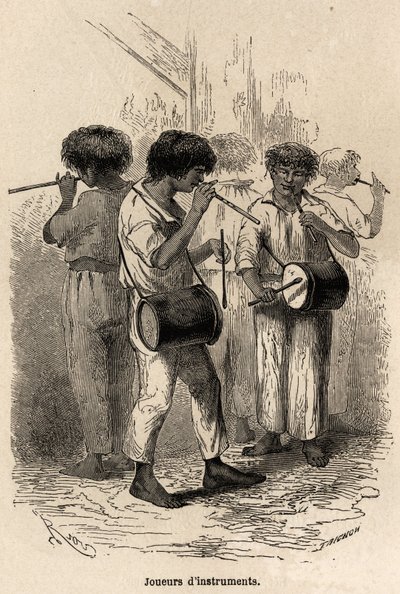 Hangszerjátékosok Sarayacuban (Peru), Riou rajza, Paul Marcoy 1848-tól 1860-ig tartó utazásának illusztrálására a Csendes-óceántól az Atlanti-óceánig. Metszet a „Le tour du monde”-ban, szerkesztette Edouard Charton alkotó: Edouard Riou