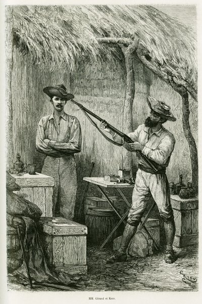 A szerző portréja, Victor Giraud hajózászlós és utazója, Montagu Kerr vadász. Riou metszete a Les lacs de l
